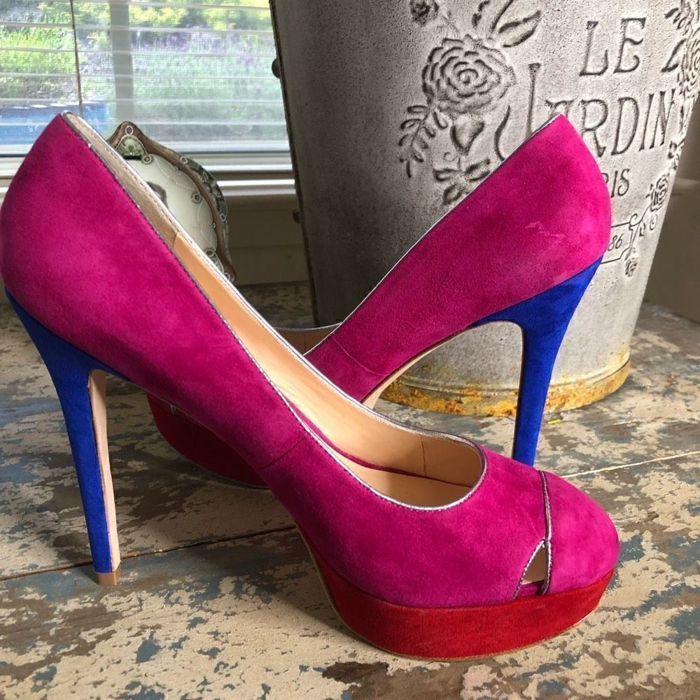 NEW Footcandy Crissy Fuchsia, Red & Blue Suede Barbiecore Y2K Platform Heels NIB
